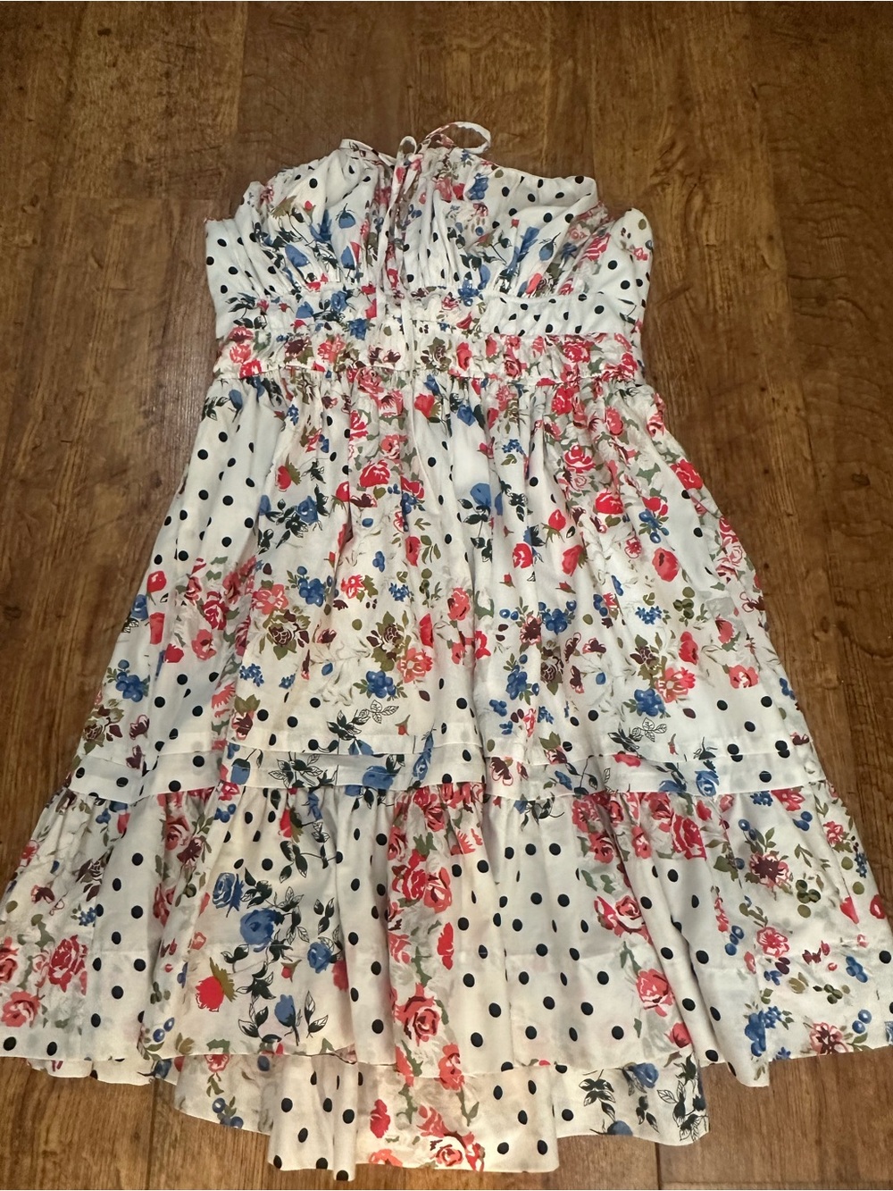 Somerset Strapless Mini Dress Floral & Polka Dot Summer Dress - White - Picture 3 of 4